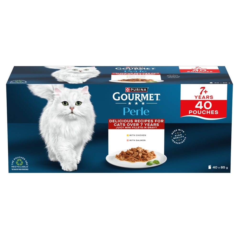 Gourmet Perle Pouches Juicy Mini Fillets in Gravy 7+ (Chicken, Salmon) Wet Cat Food 40x85g