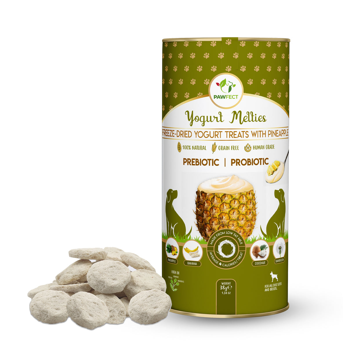 Pawfect Yogurt Melties Pre and Probiotic Dog Treats with Pineapple, Coconut, Banana, Dandelion 38g