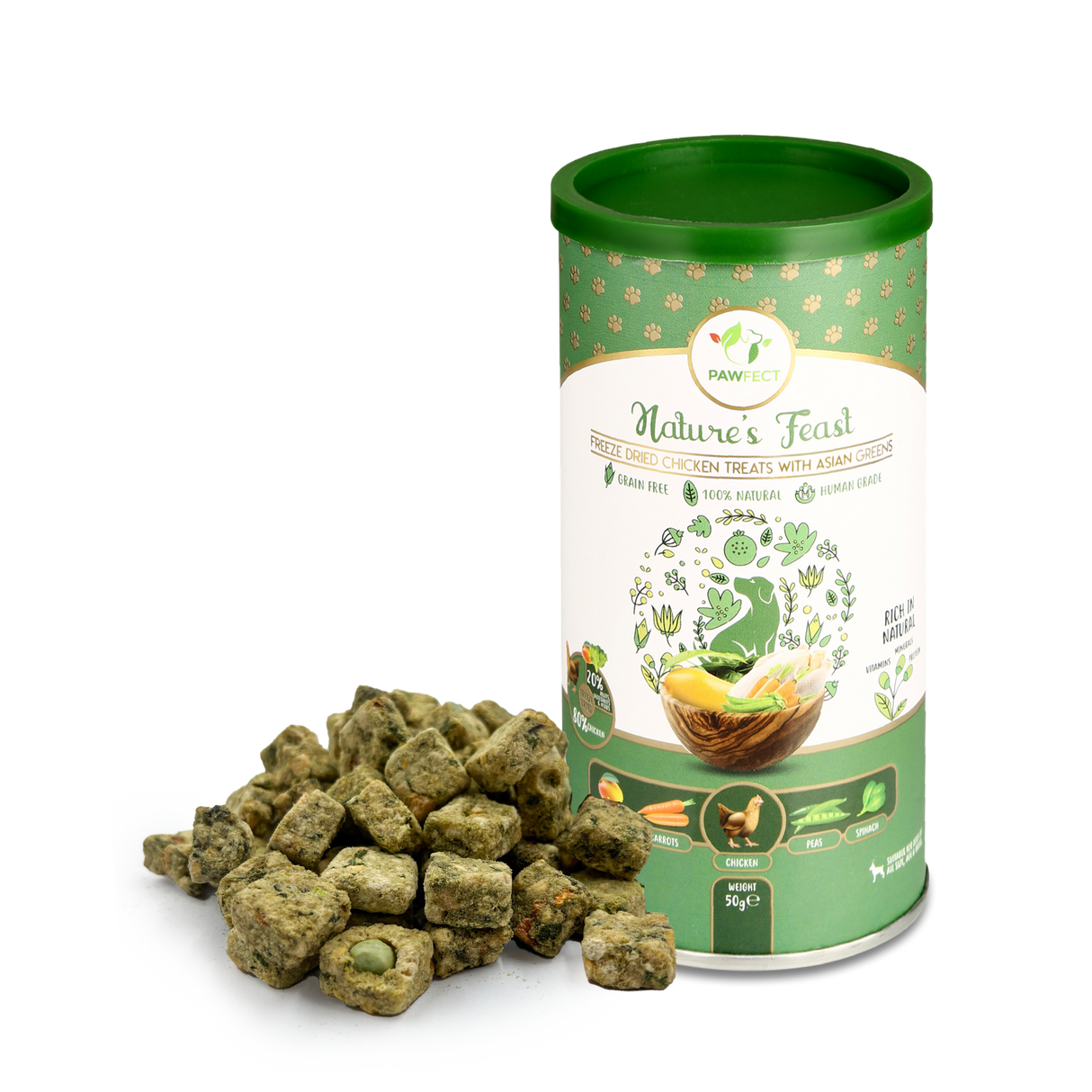 Pawfect Nature's Feast Freeze Dried Dog Treats Chicken With Asian Greens 50g