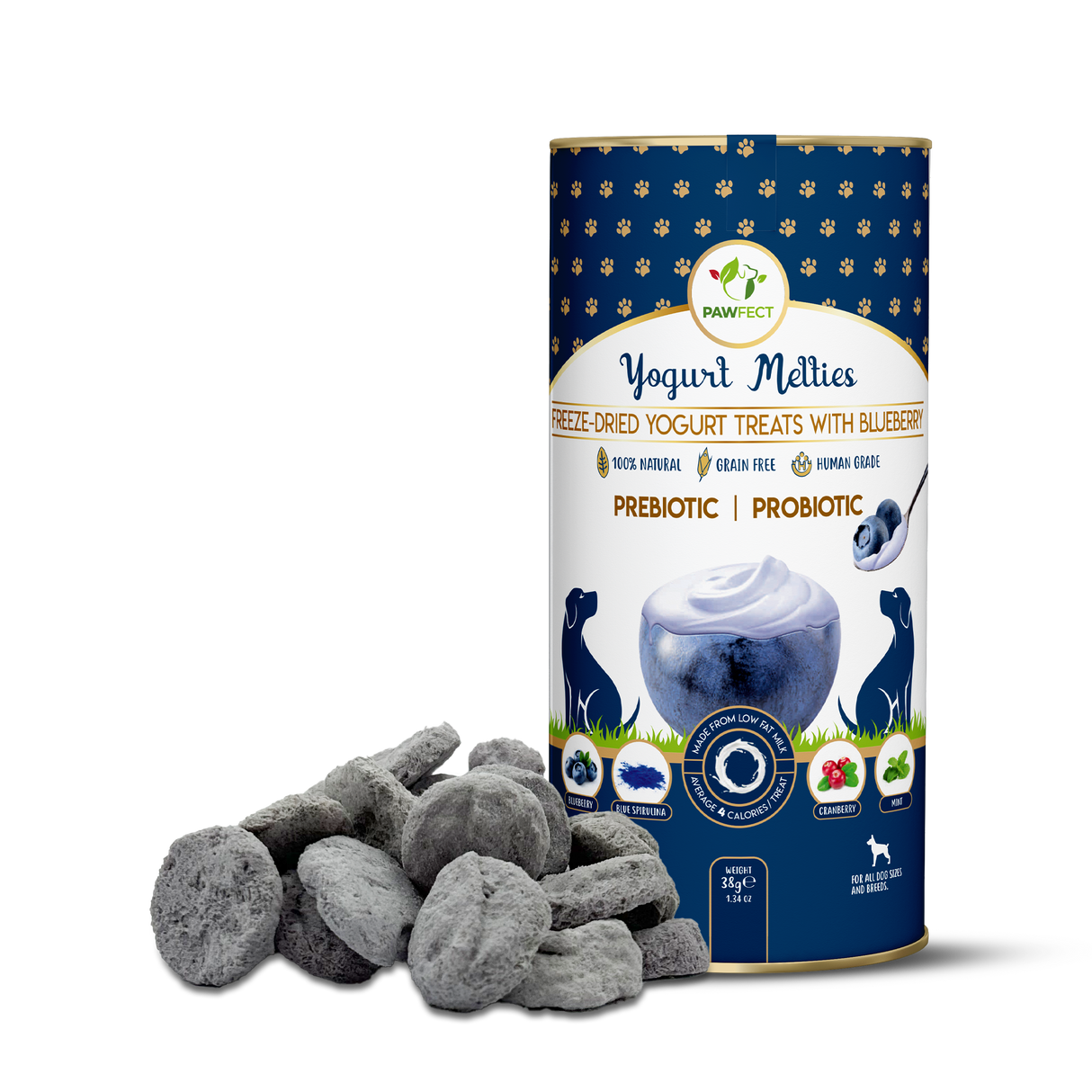 Pawfect Yogurt Melties Pre and Probiotic Dog Treats with Blueberry, Cranberry, Blue Spirulina & Mint 38g