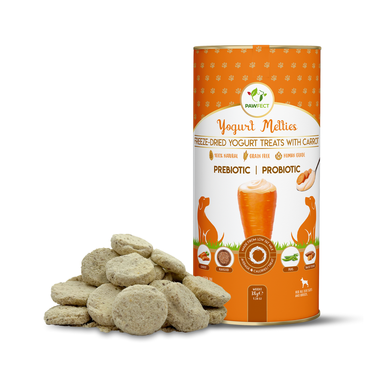 Pawfect Yogurt Melties Pre and Probiotic Dog Treats with Carrot, Flaxseed, Pea & Sweet Potato 38g