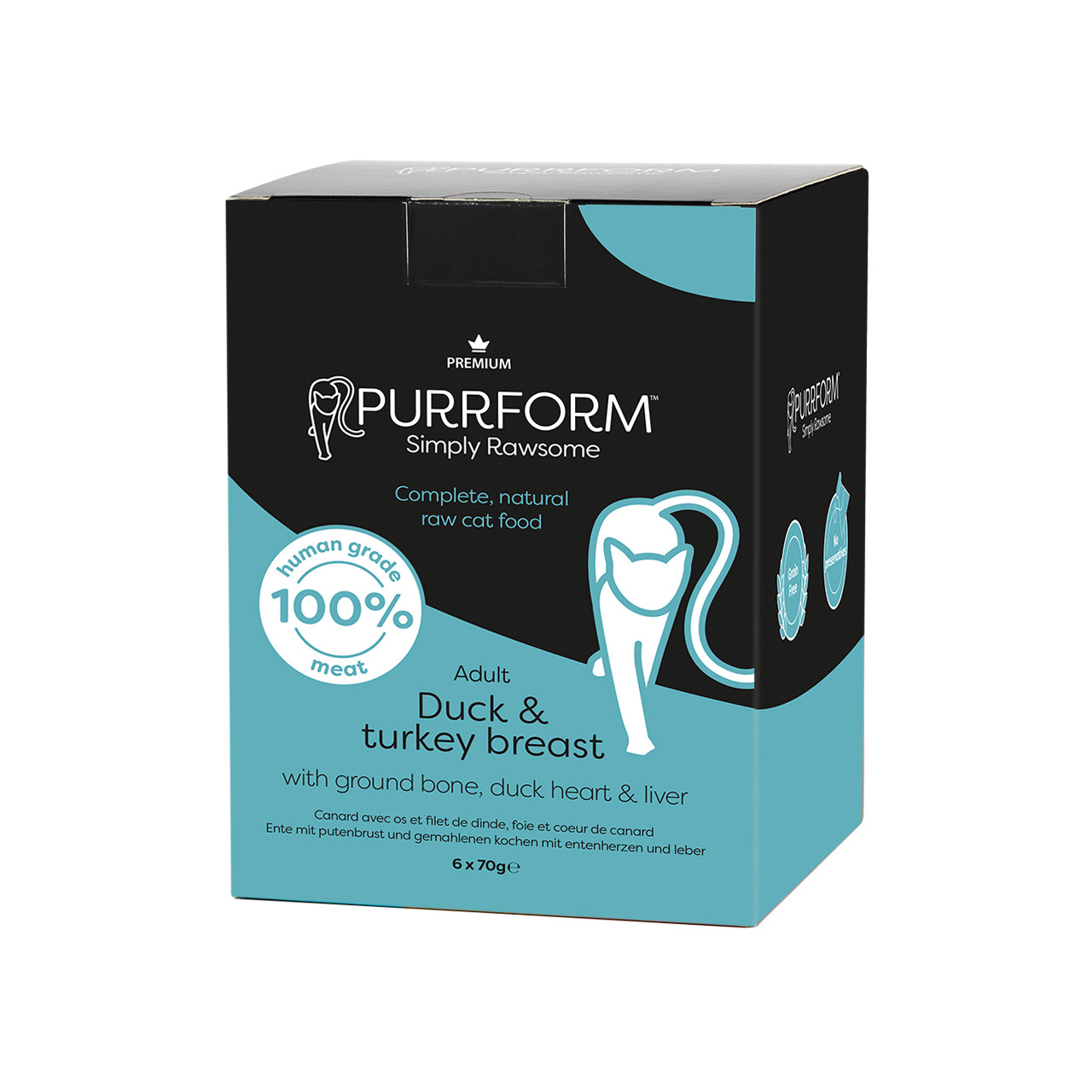 PurrForm Premium Duck with Turkey Breast & Ground Bone with Duck Heart & Liver Pouch 6x70g