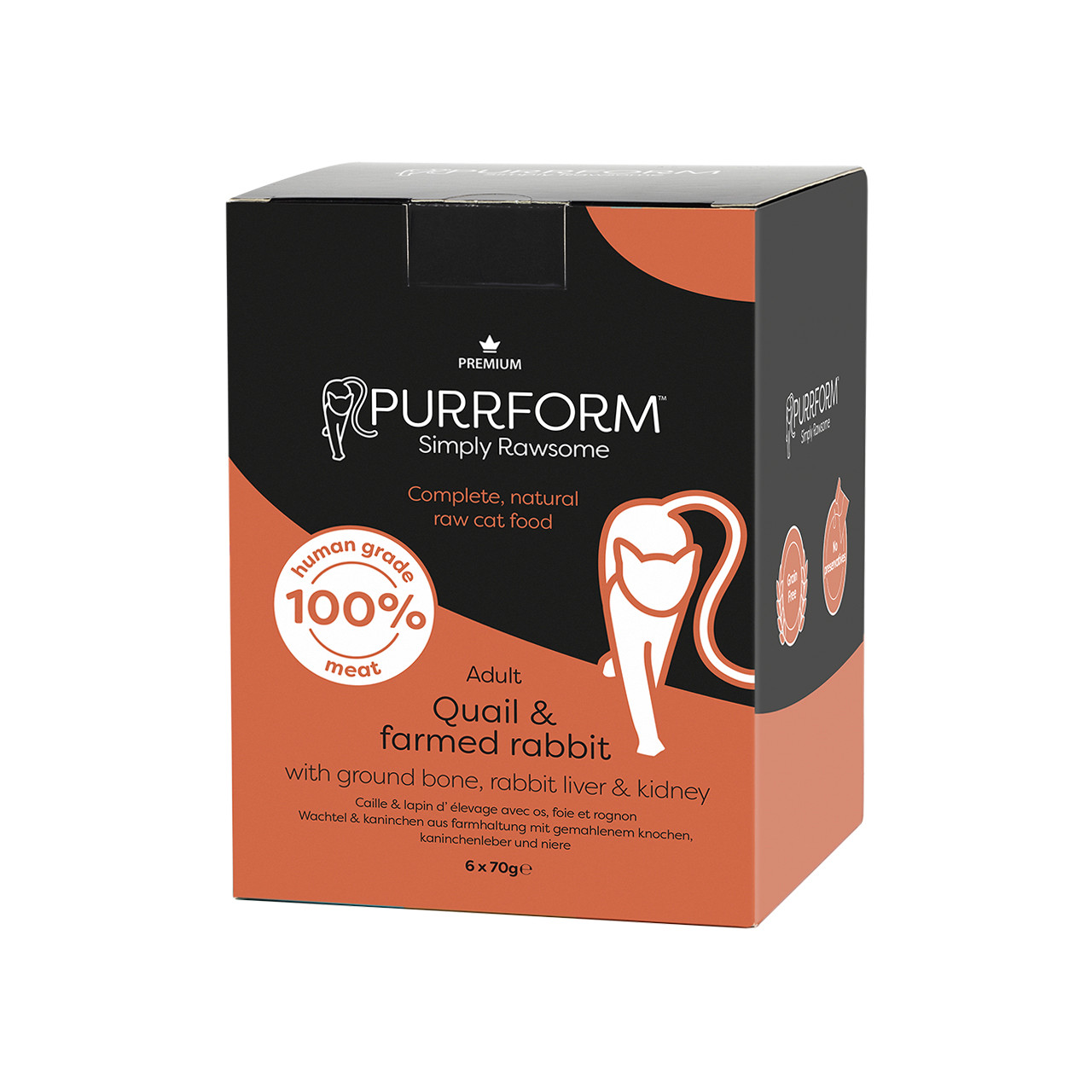 PurrForm Premium Quail & Rabbit & Ground Bone with Rabbit Liver & Kidney Pouch 6x70g