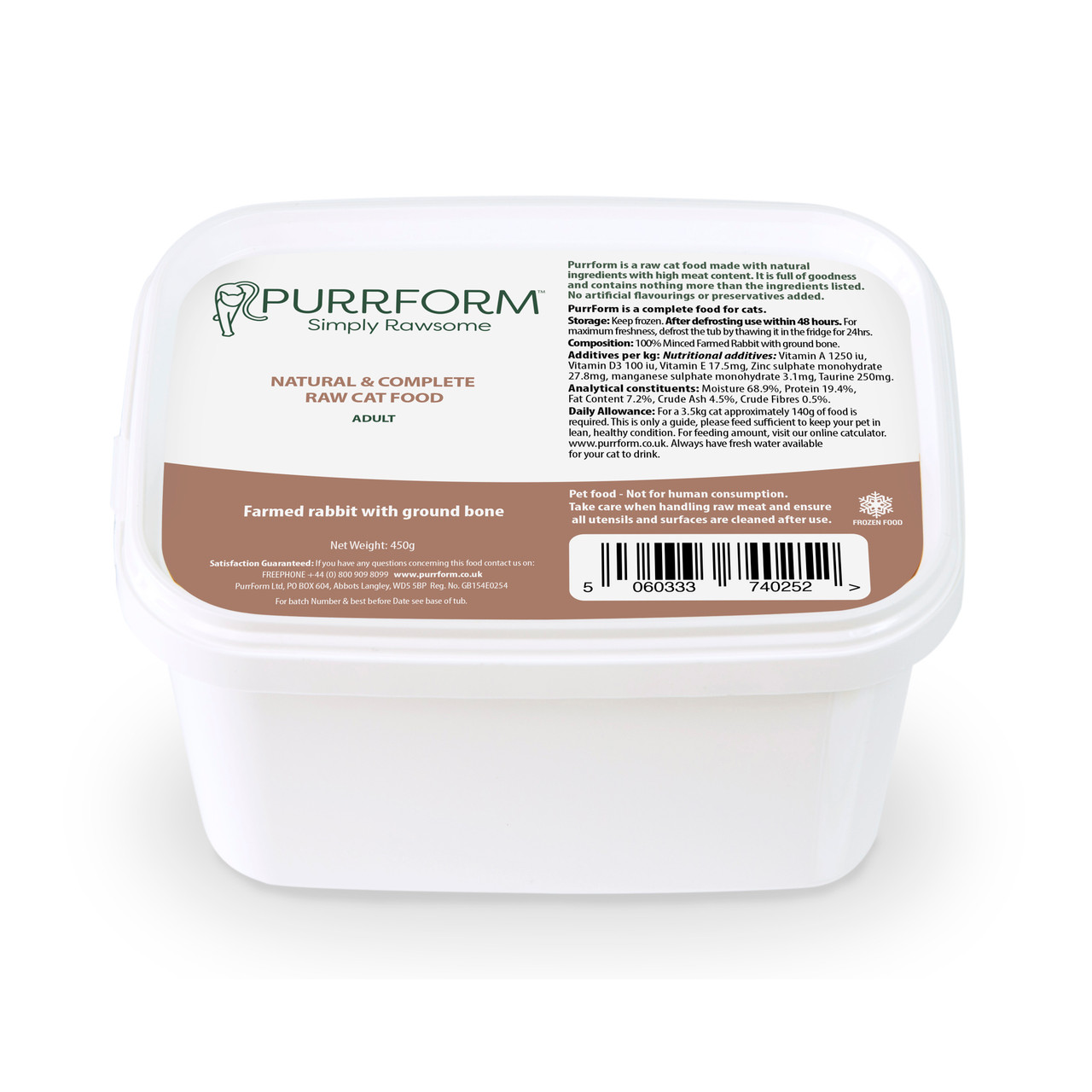 PurrForm Farmed Rabbit with Ground Bone 450g