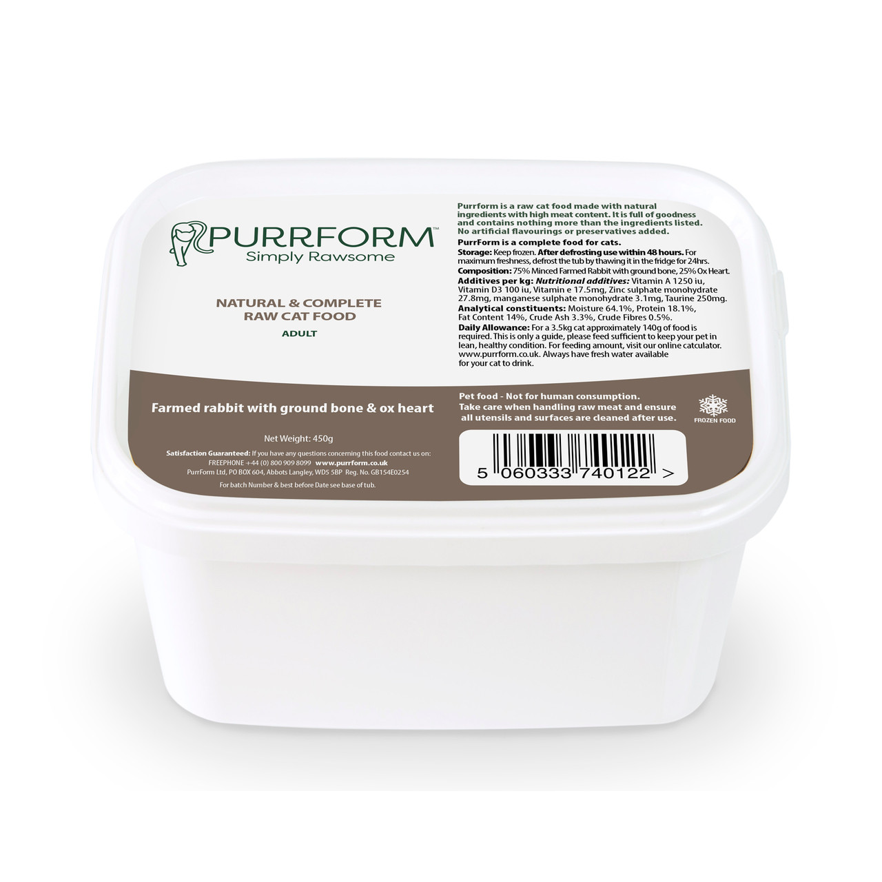 PurrForm Farmed Rabbit with Ground Bone & Ox Heart 450g