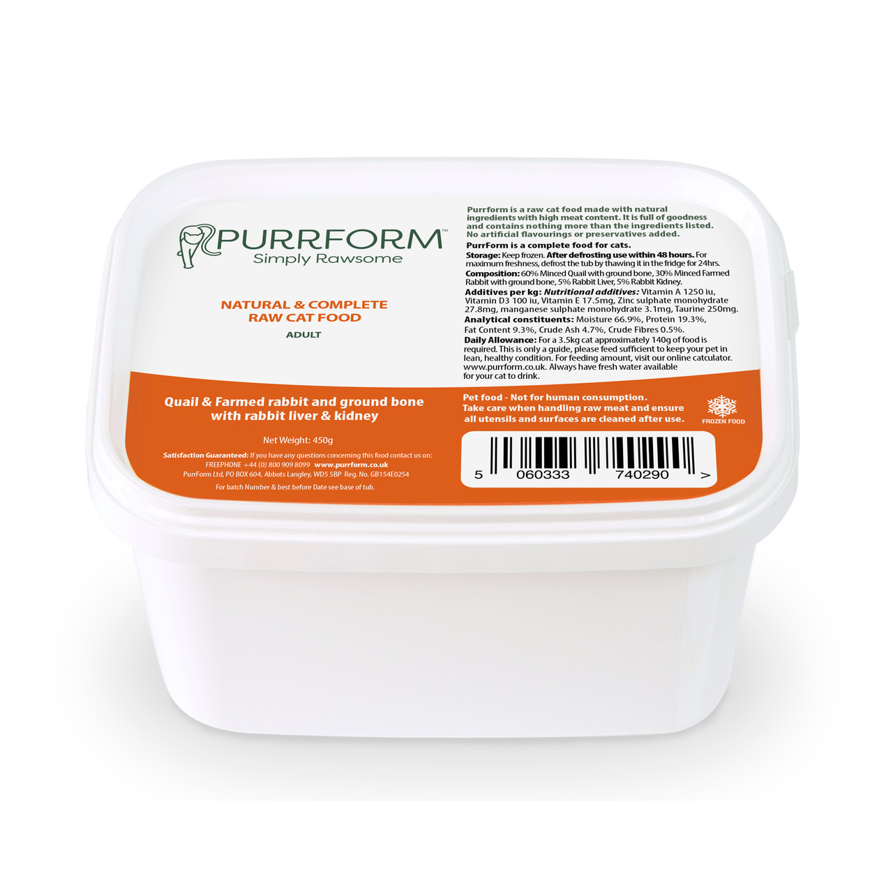 PurrForm Quail & Farmed Rabbit & Ground Bone with Rabbit Liver & Kidney 450g