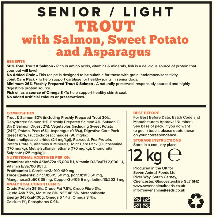 Seven Dog - Senior / Light Trout & Salmon with Sweet Potato & Asparagus Grain Free 12kg