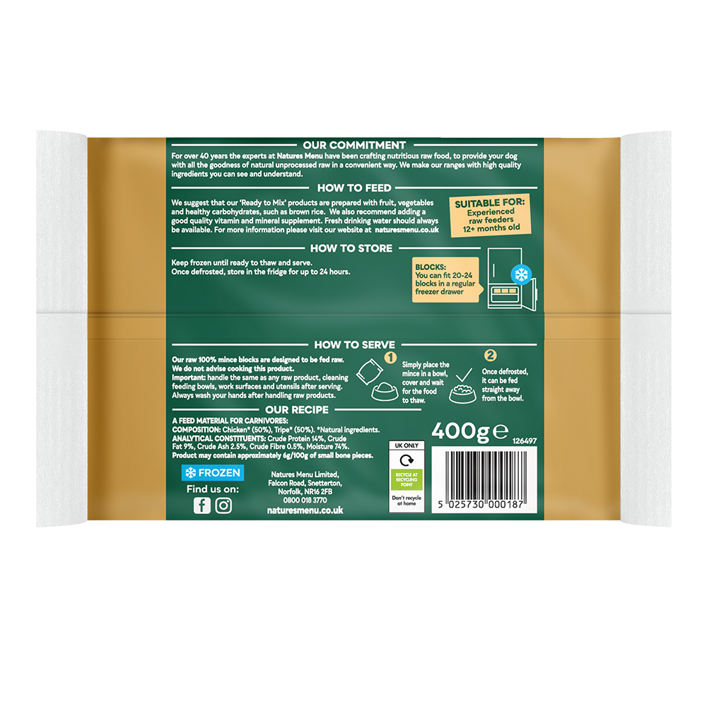 Natures Menu Dog - Frozen Just Mince Chicken & Tripe 400g