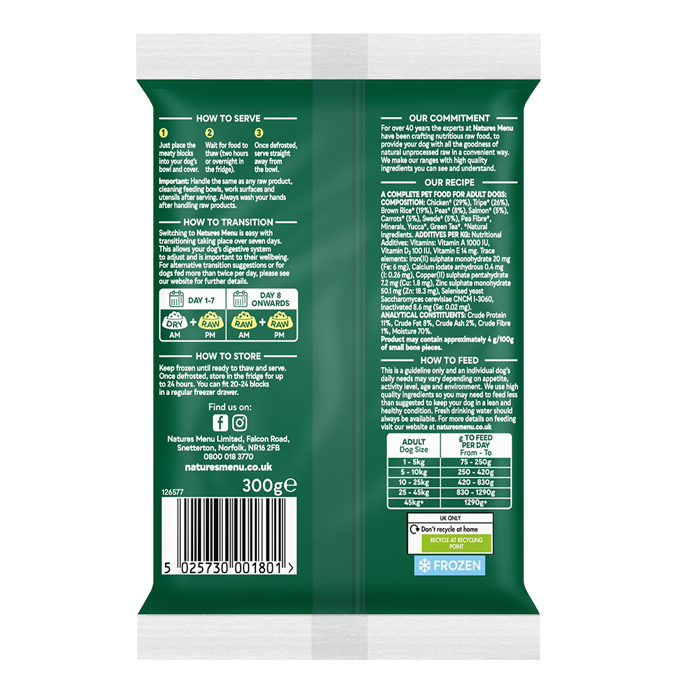 Natures Menu Dog - Complete & Balanced 60/40 Tripe & Chicken With Salmon Block 300g