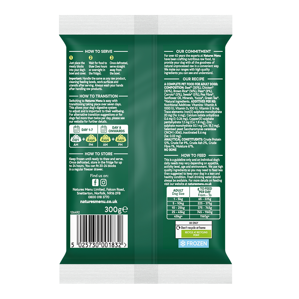 Natures Menu Dog - Complete & Balanced 60/40 Beef & Chicken Block 300g