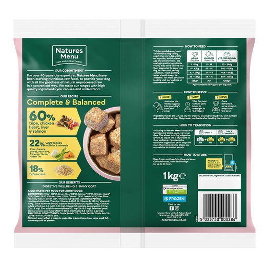 Natures Menu Dog - Complete & Balanced Nuggets 60/40 Tripe, Chicken, Heart, Liver & Salmon 1kg