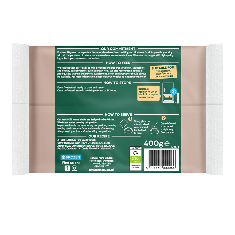 Natures Menu Dog - Frozen Just Mince Tripe 400g
