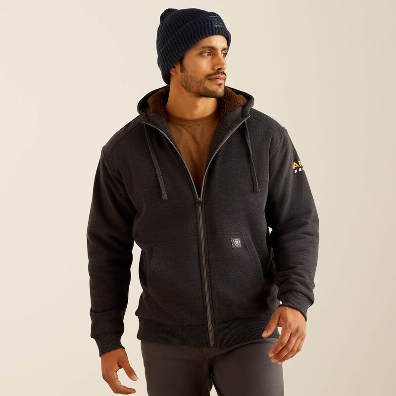Ariat Mens Rebar All-Weather Sherpa Lined Full Zip Hood Charcoal Heather