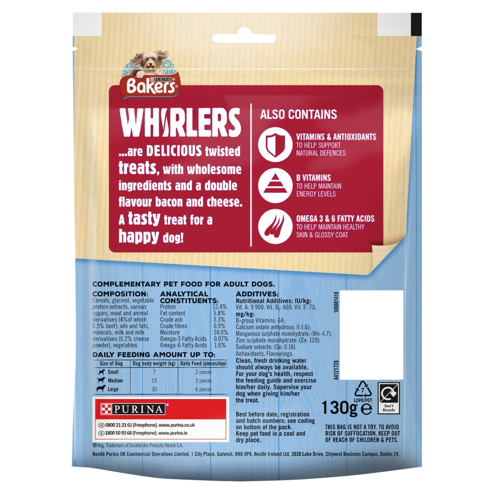 Bakers Whirlers Bacon & Cheese Dog Treats 130g