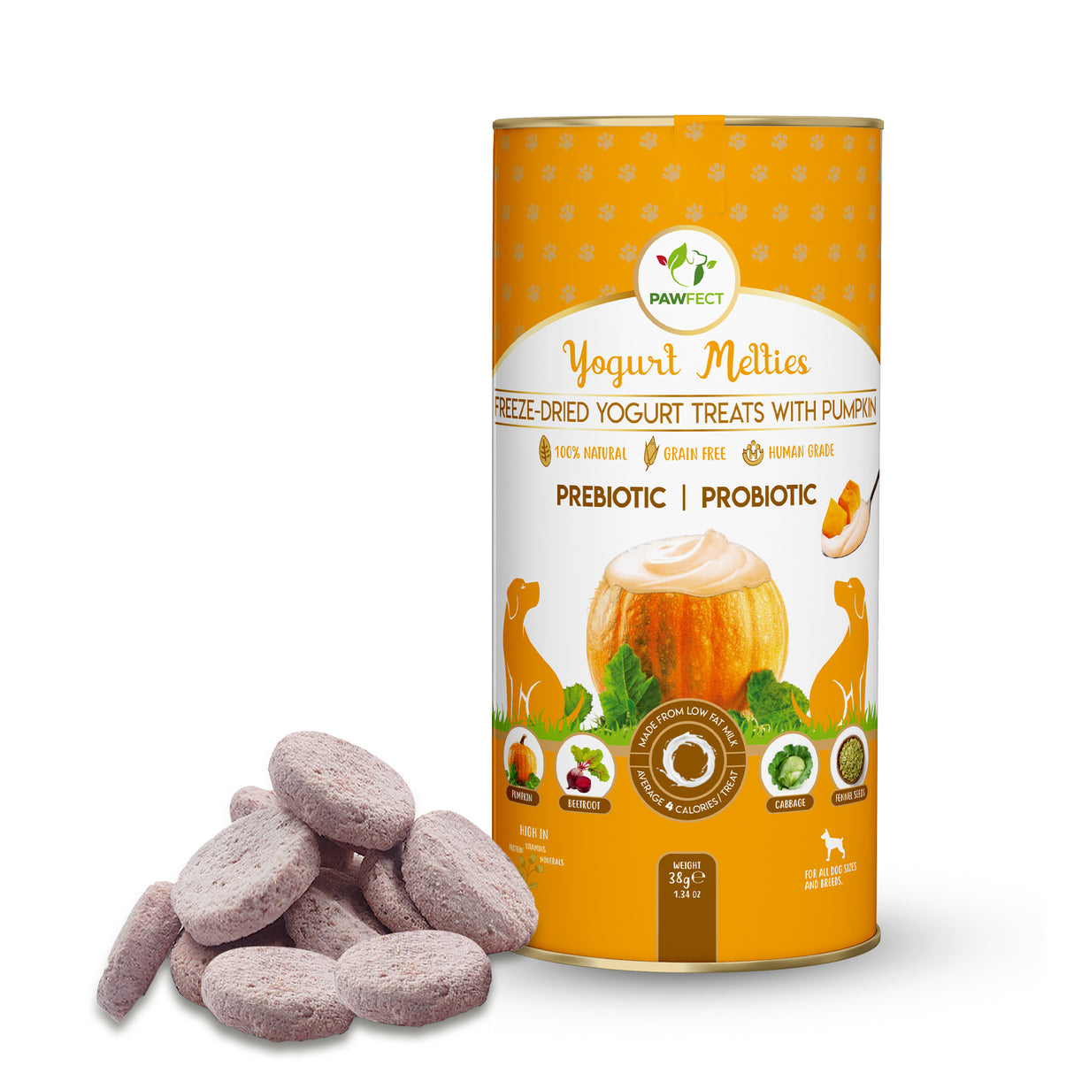 Pawfect Yogurt Melties Pre and Probiotic Dog Treats with Pumpkin, Beetroot, Cabbage & Fennel Seeds 38g