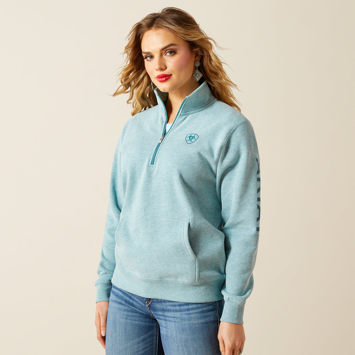 Ariat Womens Foundation Logo 1/2 Zip Sweatshirt Teal Heather