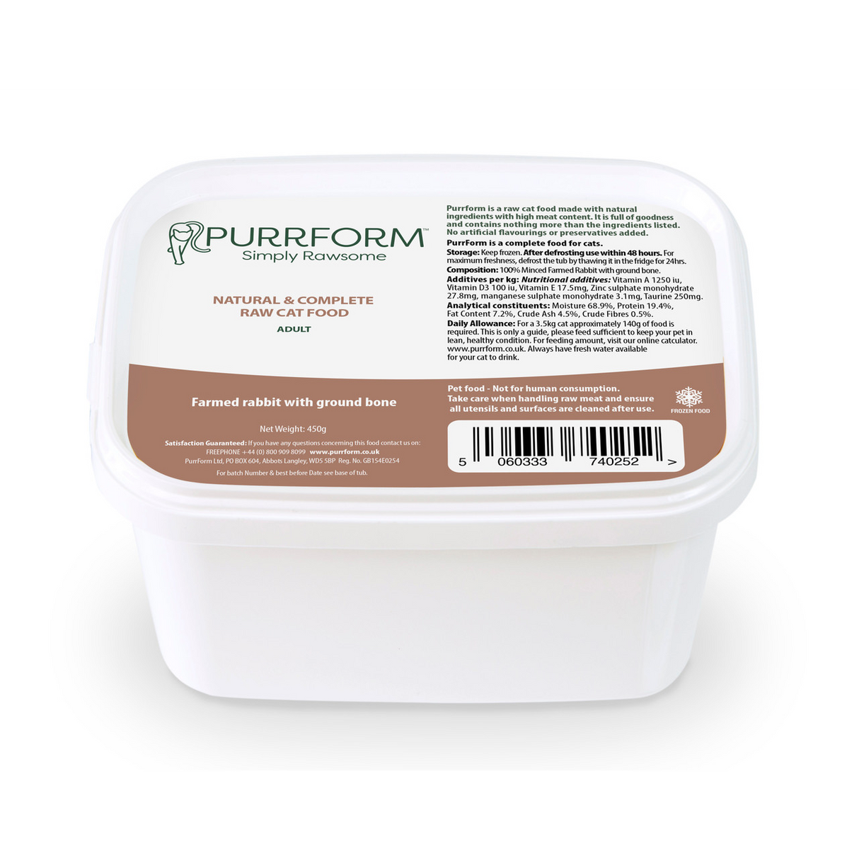 PurrForm Farmed Rabbit with Ground Bone 450g