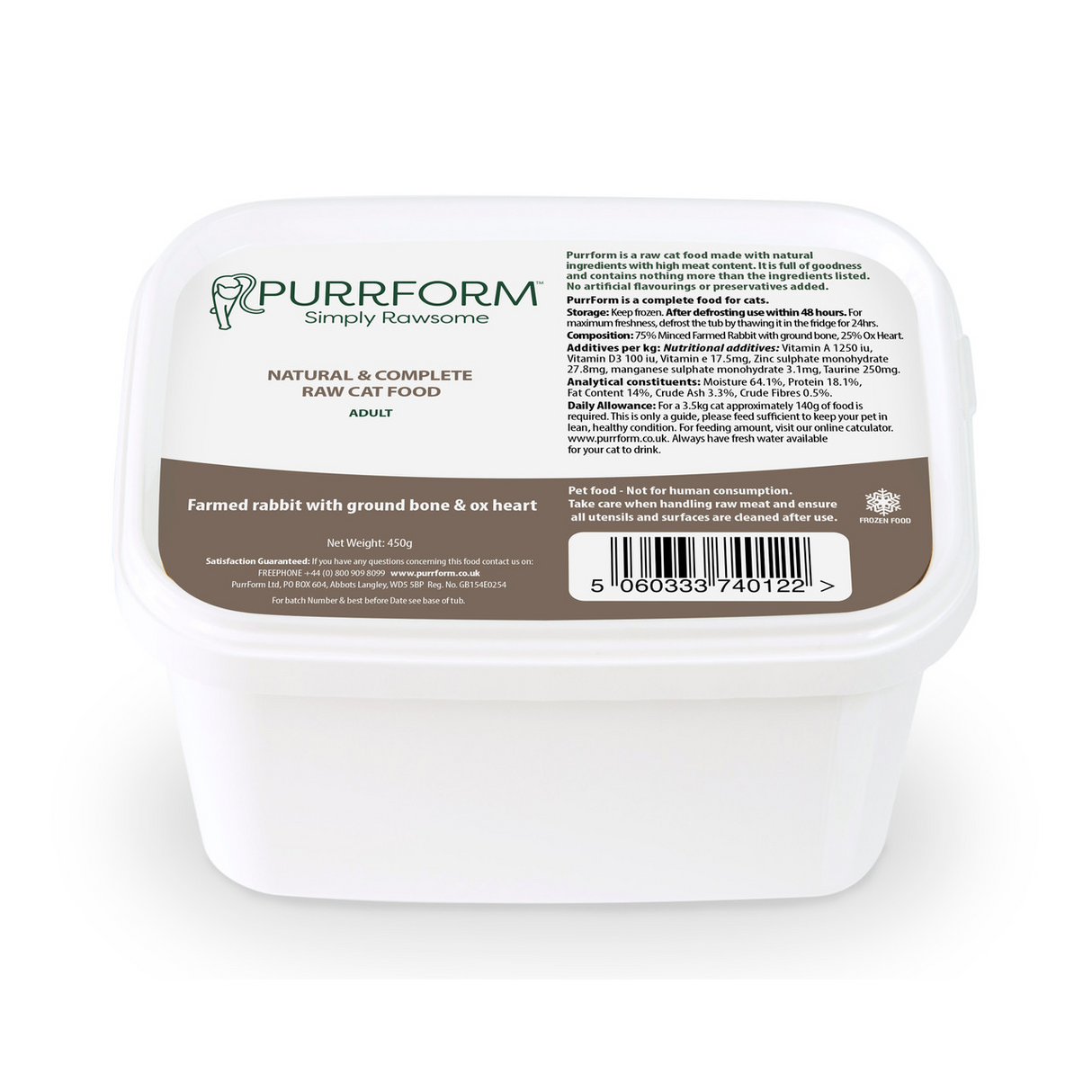 PurrForm Farmed Rabbit with Ground Bone & Ox Heart 450g