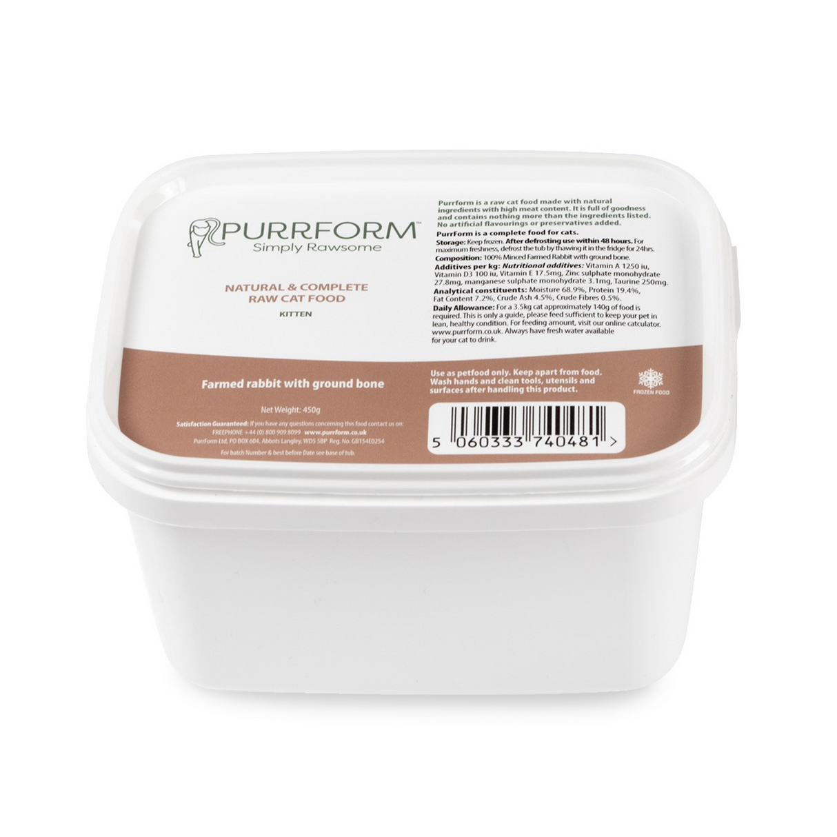 PurrForm Kitten Farmed Rabbit with Ground Bone 450g