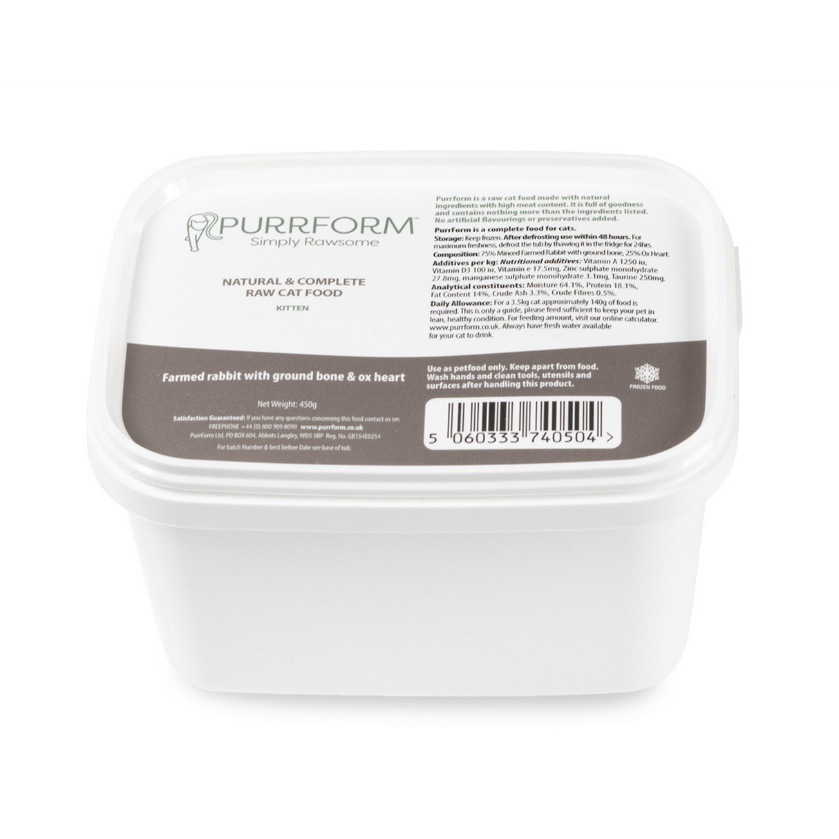PurrForm Kitten Farmed Rabbit with Ground Bone & Ox Heart 450g