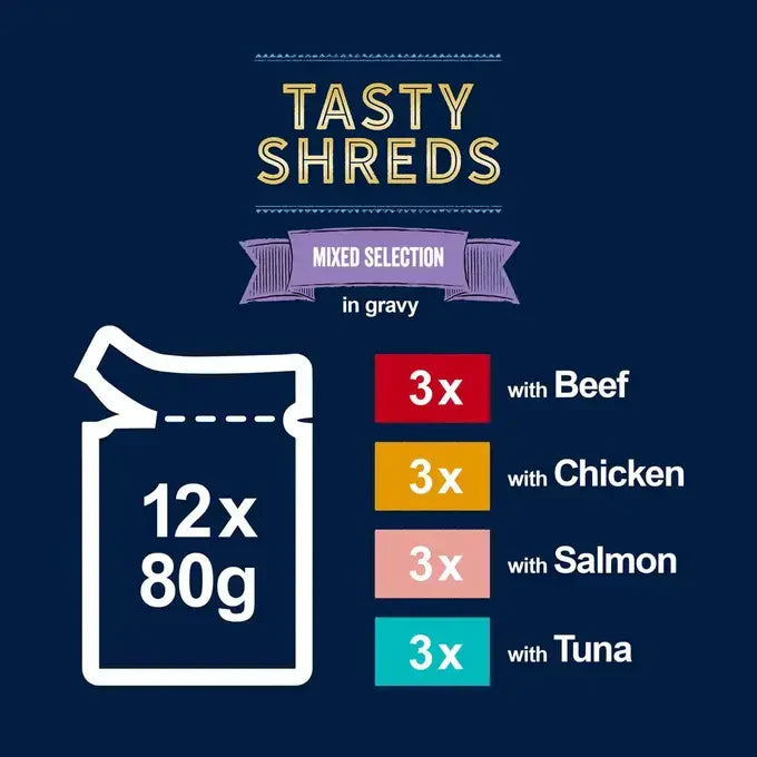 Felix Tasty Shreds Mixed Selection in Gravy Wet Cat Food 12x80g