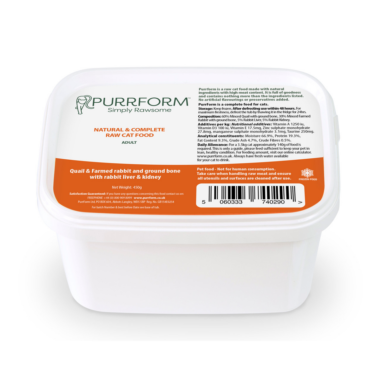 PurrForm Quail & Farmed Rabbit & Ground Bone with Rabbit Liver & Kidney 450g