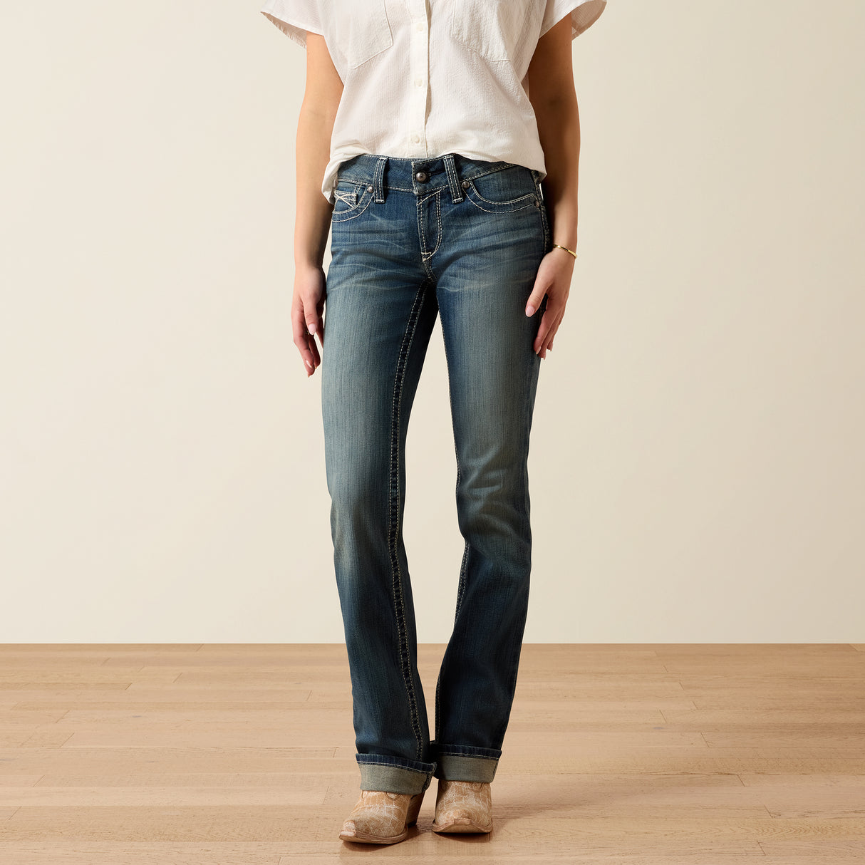 Ariat Womens R.E.A.L. Mid Rise Icon Stackable Straight Leg Jean Rainstorm