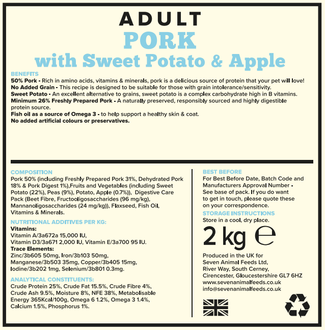 Seven Dog - Adult Pork with Sweet Potato & Apple Grain Free 2kg