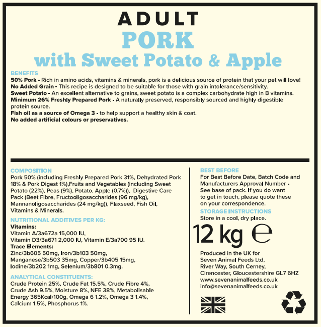 Seven Dog - Adult Pork with Sweet Potato & Apple Grain Free 12kg