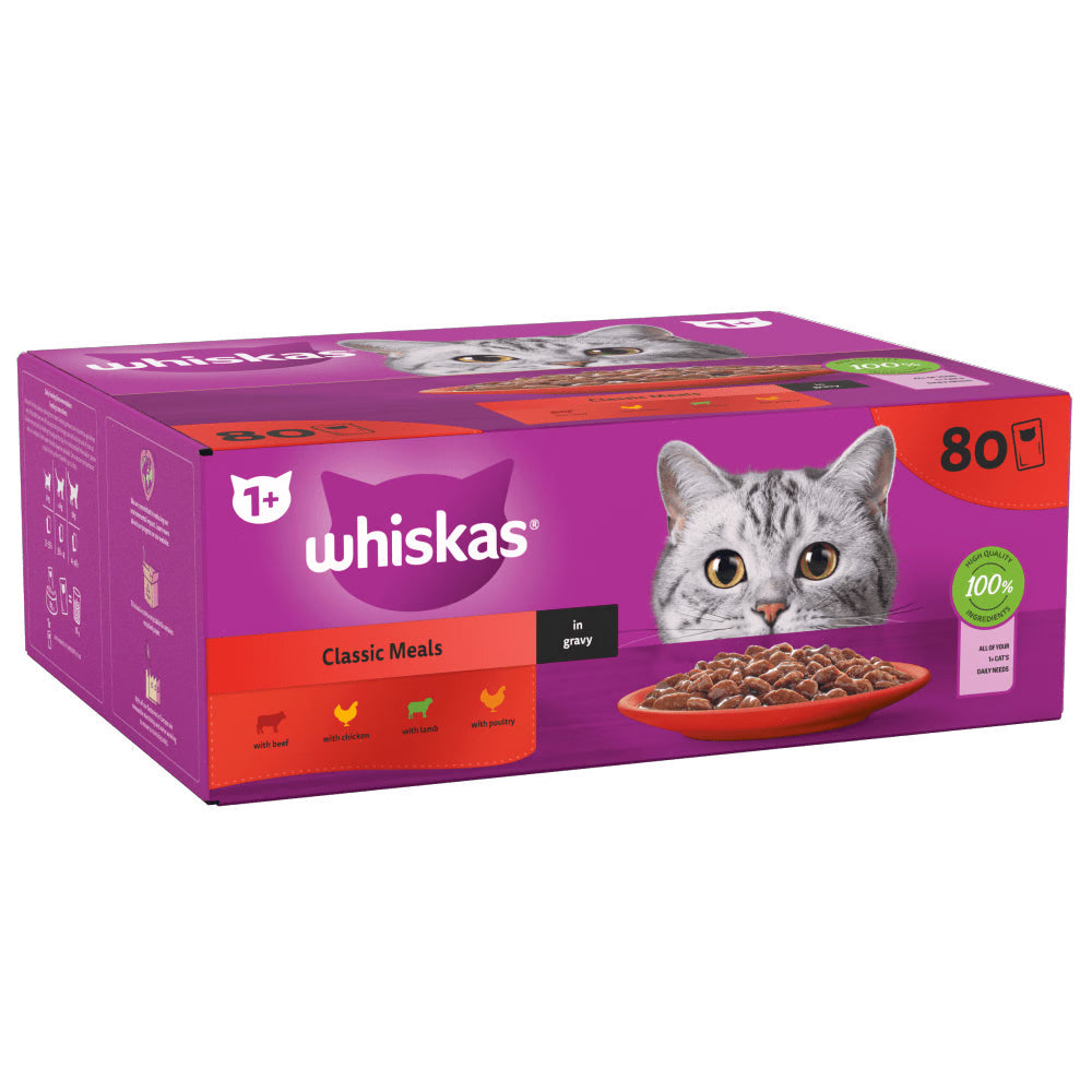 Whiskas 1+ Meaty Meals In Gravy Adult Wet Cat Food Pouches 80x85g