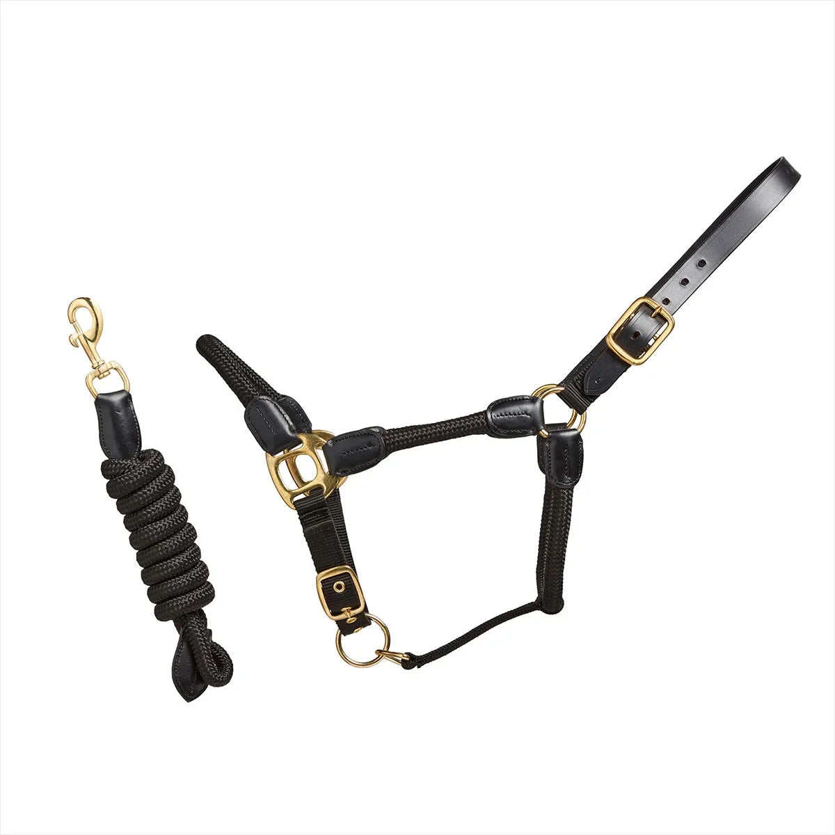 Cameo Equine Rope Leather Headcollar & Leadrope Black