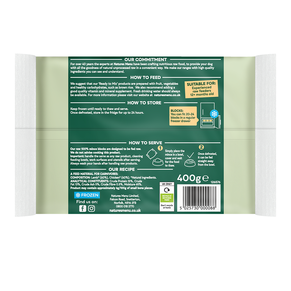 Natures Menu Dog - Frozen Just Lamb & Chicken Mince 400g