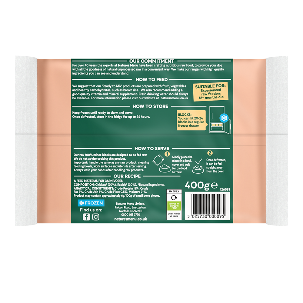 Natures Menu Dog - Frozen Just Mince Chicken & Rabbit 400g