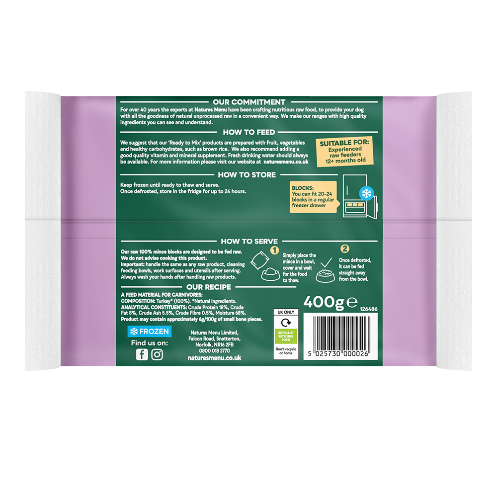 Natures Menu Dog - Frozen Just Mince Turkey 400g