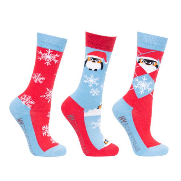 Picture of Hy Equestrian Playful Penguin Children's Socks Sky Blue / Red 3Pack 8-12