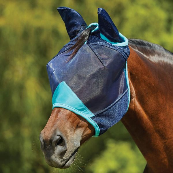 Picture of Weatherbeeta Comfitec Deluxe Fine Mesh Mask With Ears Navy/Turquoise