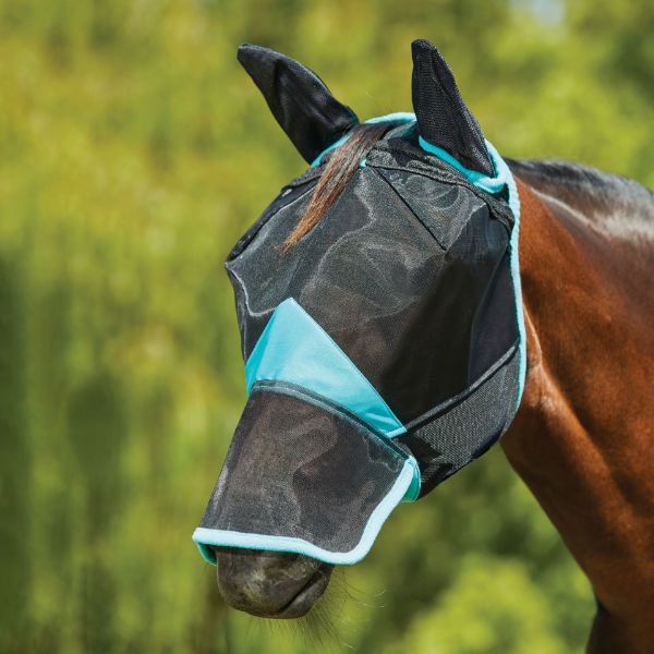 Picture of Weatherbeeta Comfitec Deluxe Fine Mesh Mask With Ears & Nose Black/Turquoise