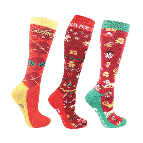 Picture of Hy Equestrian Christmas Cross Stitch Socks 3Pack Red / Green / Gold 4-8