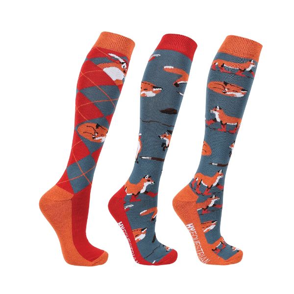 Picture of Hy Equestrian Frivolous Fox Socks 3Pack Blue / Red / Pumpkin 4-8